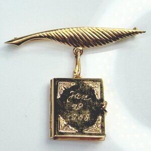 Mid Century 18K Gold Feather Brooch with Opening Book Charm JR1474